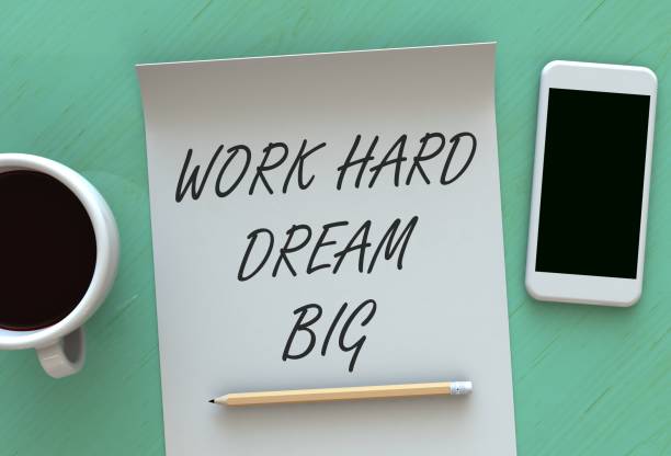 istock Work Hard Dream Big, message on paper, smart phone and coffee on table 881501154