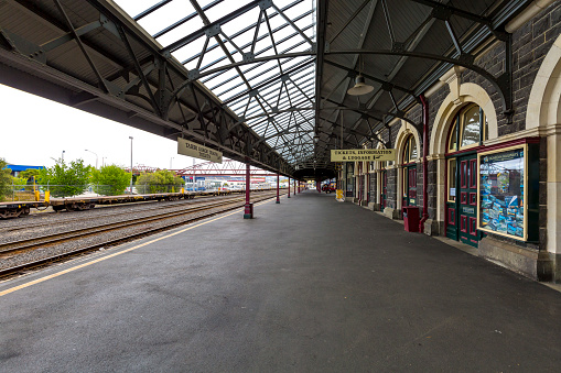 23 October 2017, Dunedin, New Zealand. Exterior view of the famous Historic Rail Station building of Dunedin in a cloudy weather. Dunedin / New Zealand.