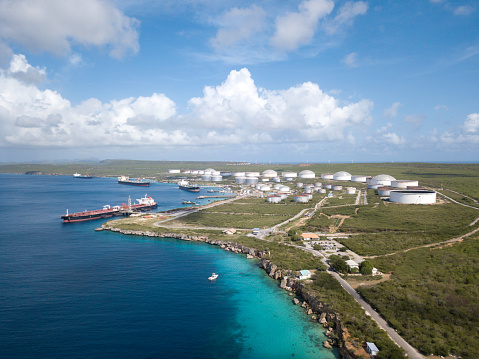 Aerial View of a Oil Rafinery and Fuel Storage Tank With Oil Tankers in Curacao