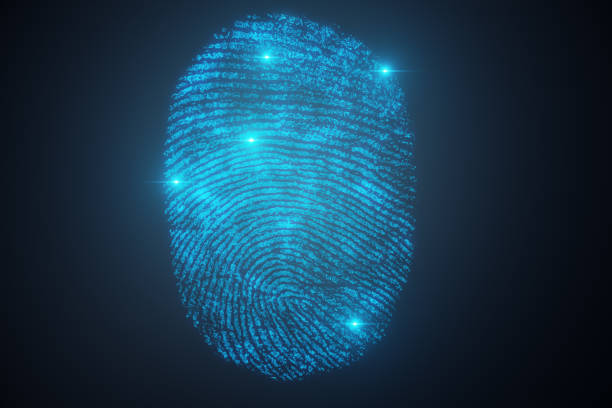 verificação de impressão digital 3d ilustração fornece acesso de segurança com identificação biométrica. proteção de impressão digital do conceito. - fingerprint security system technology forensic science - fotografias e filmes do acervo