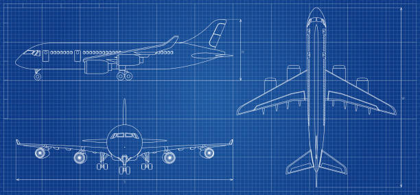istock Airplane blueprint. Outline aircraft on blue background. Vector illustration 881507286