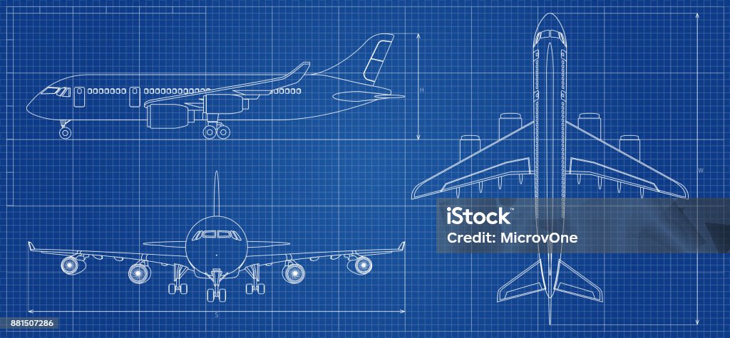 Airplane blueprint. Outline aircraft on blue background. Vector illustration Airplane blueprint. Outline aircraft on blue background. Vector illustration. Aviation drawing blueprint, plane sketch graphic Airplane stock vector