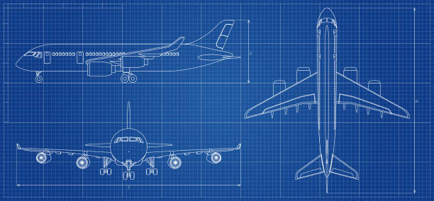 Airplane blueprint. Outline aircraft on blue background. Vector illustration Airplane blueprint. Outline aircraft on blue background. Vector illustration. Aviation drawing blueprint, plane sketch graphic airplane designs stock illustrations