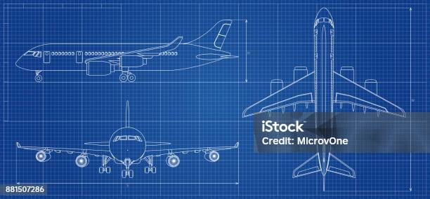 Airplane Blueprint Outline Aircraft On Blue Background Vector Illustration Stock Illustration - Download Image Now