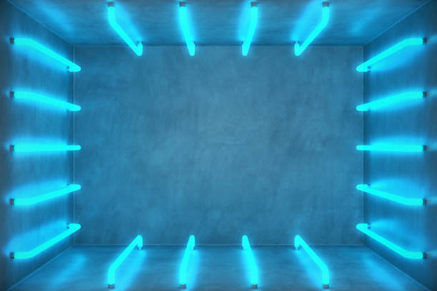 istock 3D Illustration Abstract blue room interior with blue neon lamps. Futuristic architecture background. Box with concrete wall. Mock-up for your design project, 881507836