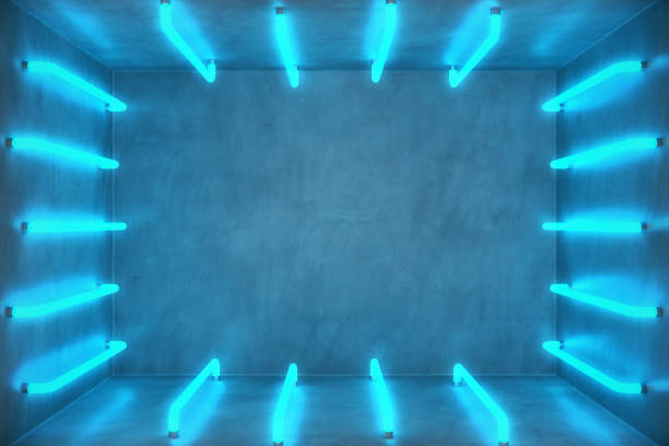 istock 3D Illustration Abstract blue room interior with blue neon lamps. Futuristic architecture background. Box with concrete wall. Mock-up for your design project, 881507854