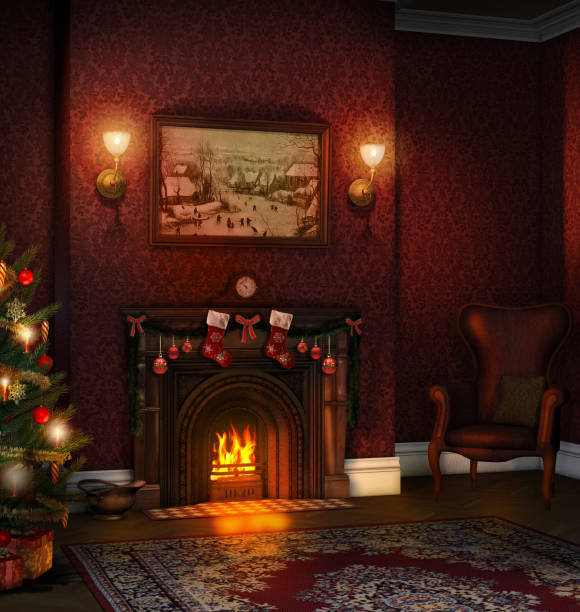 3D render of a stylish decorated living room with a fireplace in a family home with a Christmas tree.
