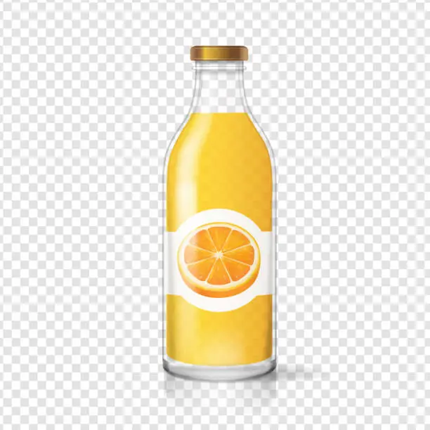 Vector illustration of Orange juice bottle glas with juice label. Fruit beverage packaging. Realistoc vector