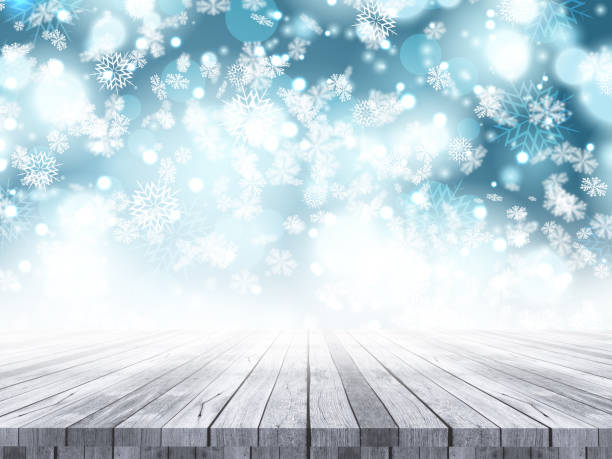 istock 3D wooden table on a Christmas snowflake background 881511640