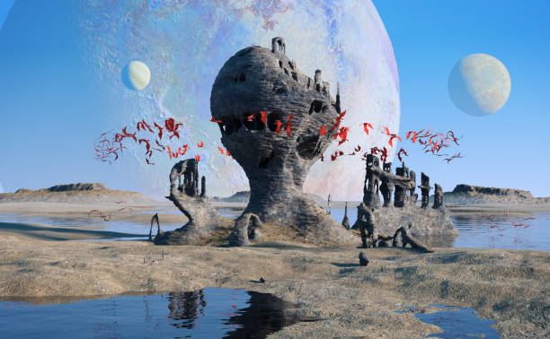 istock exoplanet landscape, flying red alien creatures swarming around mysterious rock formations (3d illustration) 881514520