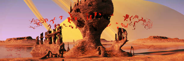 istock alien planet landscape, flying red creatures swarming around mysterious rock formations at sunrise (3d illustration panorama) 881514946