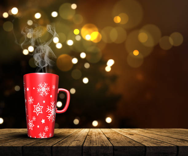 istock 3D mug on a wooden table looking out to a defocussed Christmas tree 881515954