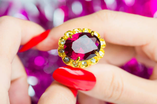 Luxury golden ruby ring with diamonds. Jewellery