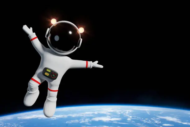 Photo of cute cartoon astronaut character in orbit of the planet Earth (3d illustration)