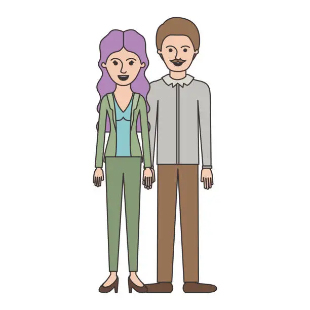 Vector illustration of couple colorful silhouette and her with blouse and jacket and pants and heel shoes with wavy long hair and him with shirt and pants and shoes with short hair and moustache