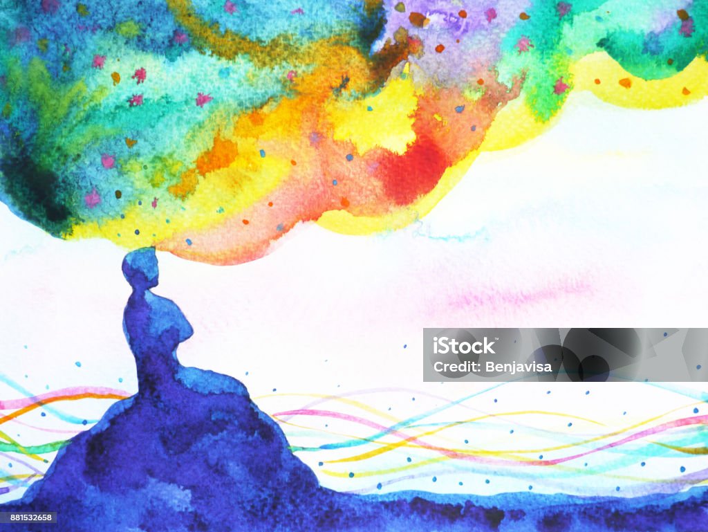 power of thinking, abstract imagination, world, universe inside your mind, watercolor painting Individuality stock illustration