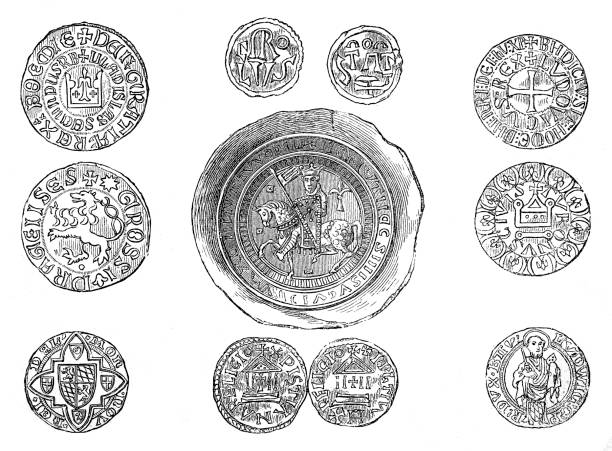 Coins of the Middle Ages illustration of a Coins of the Middle Ages british coins stock illustrations