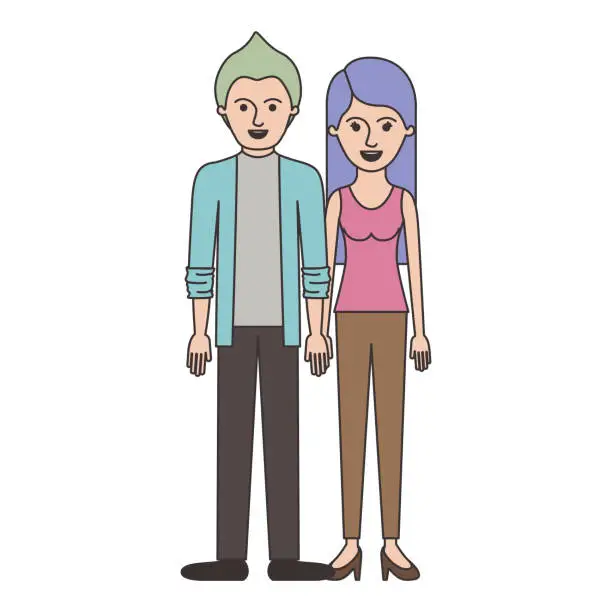 Vector illustration of couple colorful silhouette and him with shirt and jacket and pants and shoes with short hair and her with t-shirt sleeveless and pants and heel shoes with long straight hair