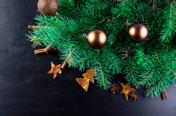 istock christmas background with fir, candy, ball 881536830