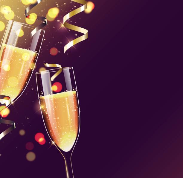 illustrazioni stock, clip art, cartoni animati e icone di tendenza di due bicchieri di champagne sullo sfondo scintillante delle vacanze. - champagne flute jubilee champagne wine