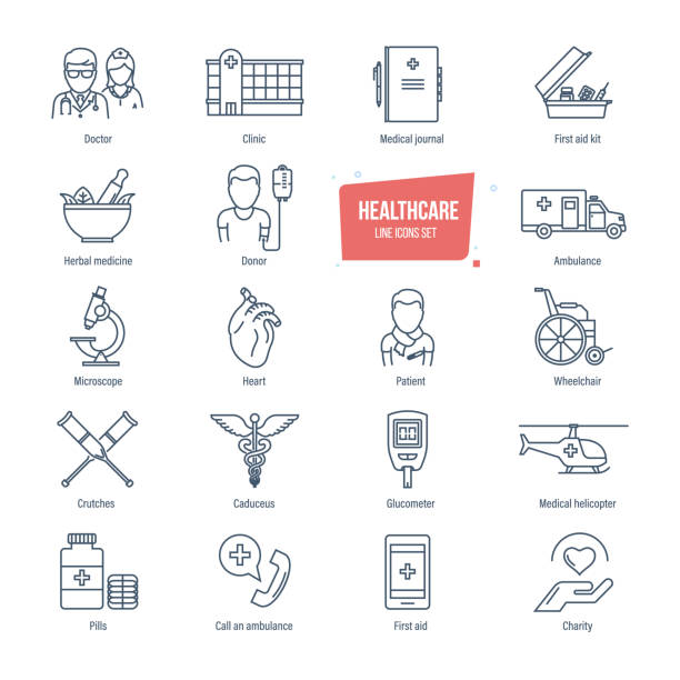 ilustrações, clipart, desenhos animados e ícones de linha de saúde conjunto de ícones. sistema de saúde e equipamento médico de diagnóstico - outpatient