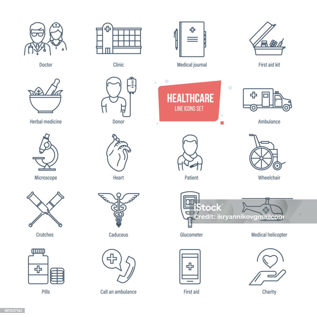 Healthcare line icons set. Healthcare system and medical diagnostic equipment Healthcare thin line icons, pictogram and symbol set. Icons for medical services, ambulance, pharmacology, outpatient treatment. Healthcare system, medical diagnostic equipment. Vector illustration. Outpatient Care stock vector