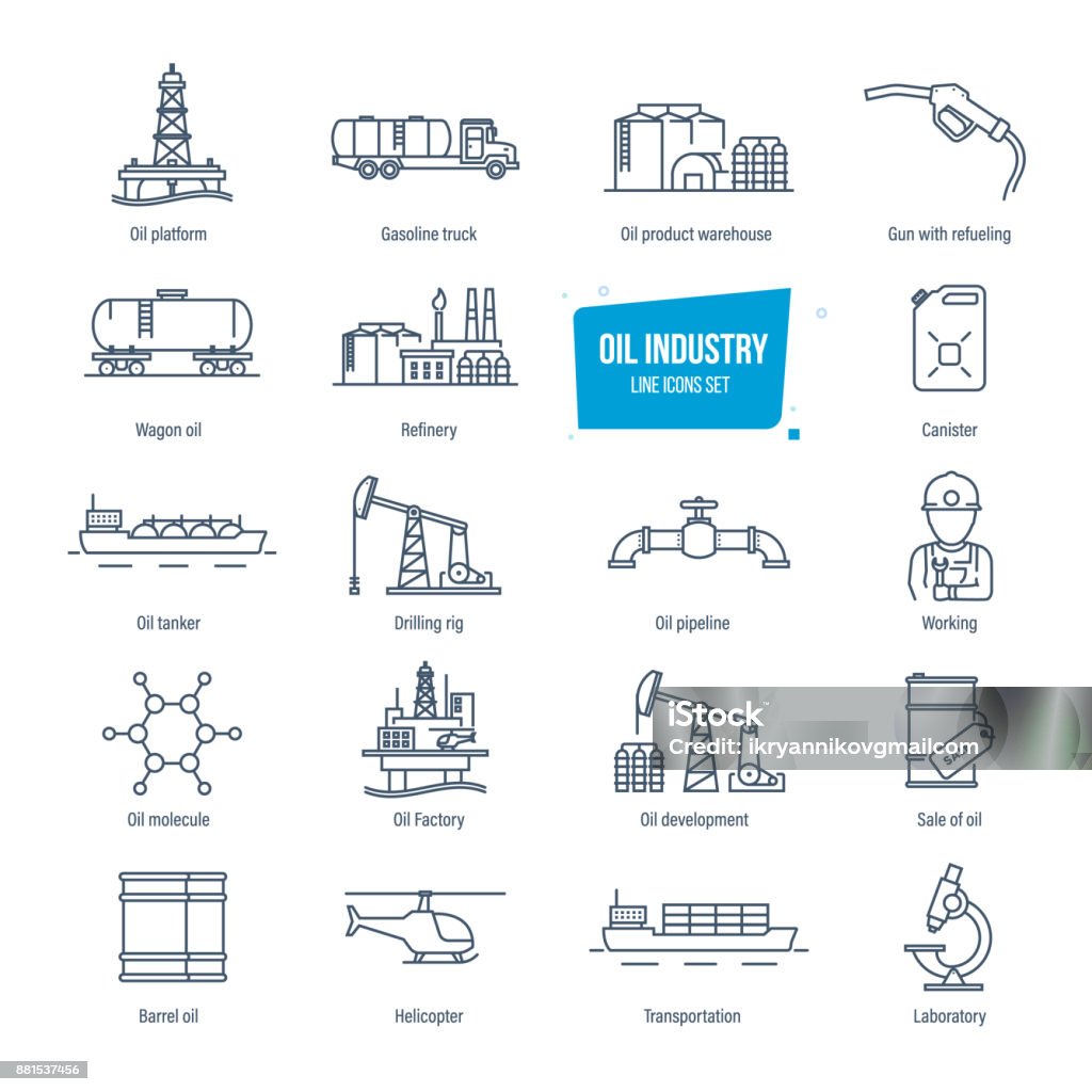 Oil industry line icons set. Gas station, factory, transportation, buildings Oil industry thin line icons, pictogram and symbol set. Icons for gas station, oil factory and tanker, transportation, buildings, warehouse, development, modern laboratory. Vector illustration Drilling Rig stock vector