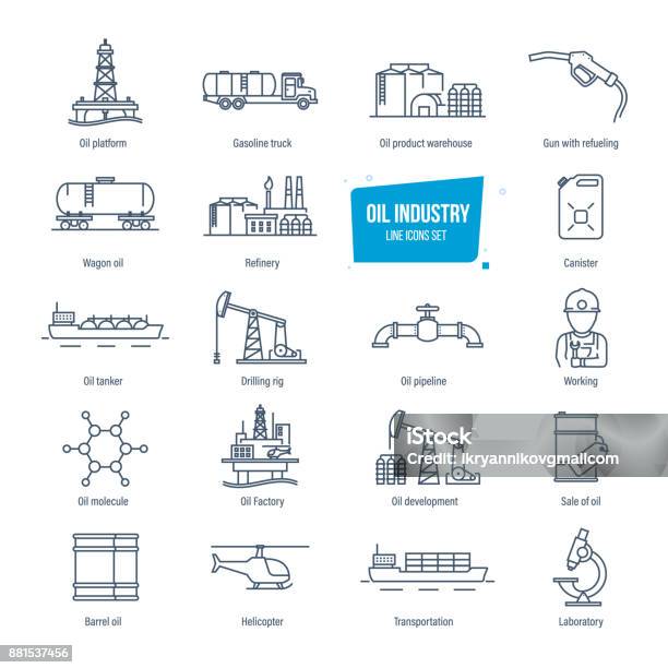 Oil Industry Line Icons Set Gas Station Factory Transportation Buildings Stock Illustration - Download Image Now