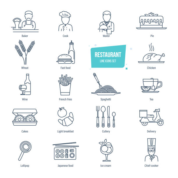 Restaurant line icons set. Employees of restaurant, food, drinks, delivery Restaurant thin line icons, pictogram and symbol set. Icons for employees of restaurant, food, drinks, cakes, ingredients for cooking, transportation, food delivery. Vector illustration isolated. biscuit quick bread stock illustrations