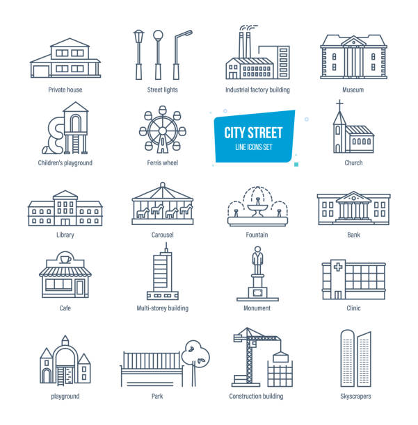 City street line icons set. City landscapes. Buildings, transport, architecture City street thin line icons, pictogram and symbol set. Icons for city landscapes. Industrial and residential buildings, city transport, parks, monuments, fountains, architecture. Vector illustration. military private stock illustrations