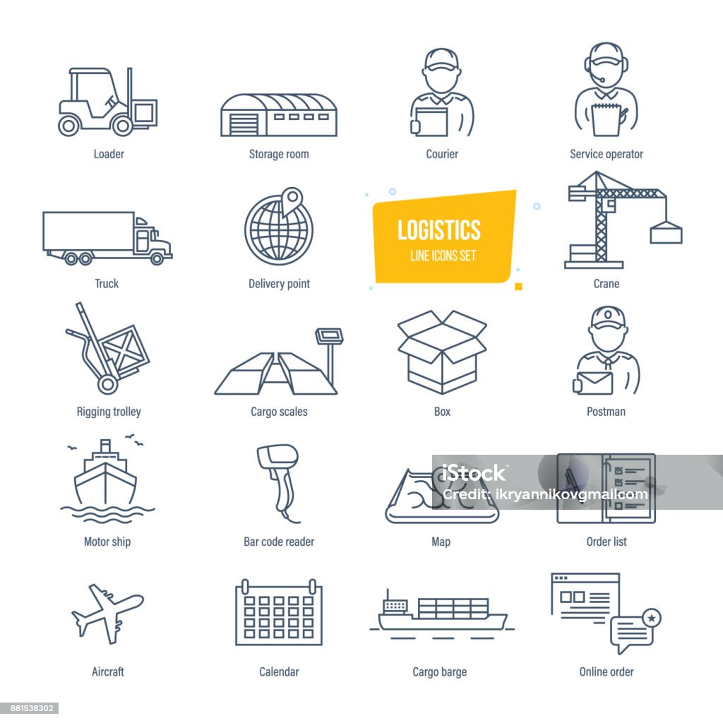 Logistics line icons set. Delivery, logistics. Packing, shipping, transportation, tracking Logistics thin line icons, pictogram and symbol set. Icons for delivery, logistics. Packing, shipping, transportation, tracking, parcel. Transport service employees buildings Vector illustration Freight Transportation stock vector