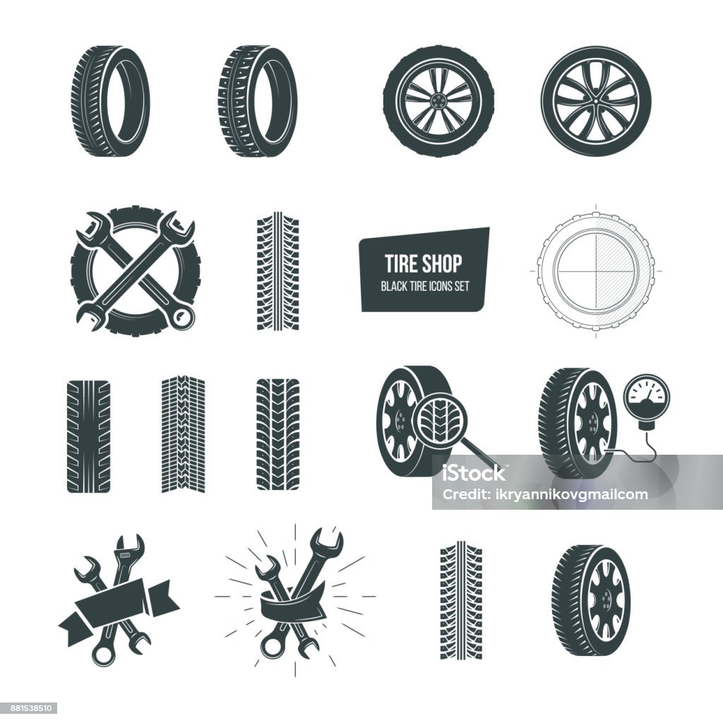 Reifen-Shop-Konzept. Schwarze Reifen Symbole festgelegt. Service, Diagnose, Ersatz - Lizenzfrei Reifen Vektorgrafik