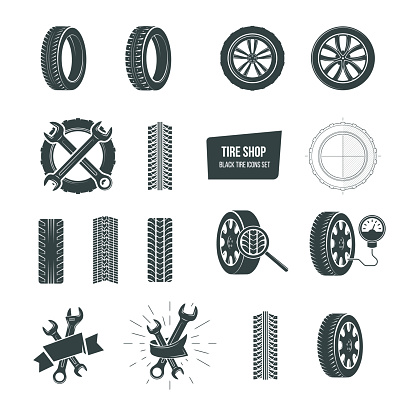 Automobile rubber tire shop icontype. Black tire icons icon set. Car wheels, wrenches, service and maintenance icons, tire repair, swapping, wheel replacement, car diagnostics. Vector illustration