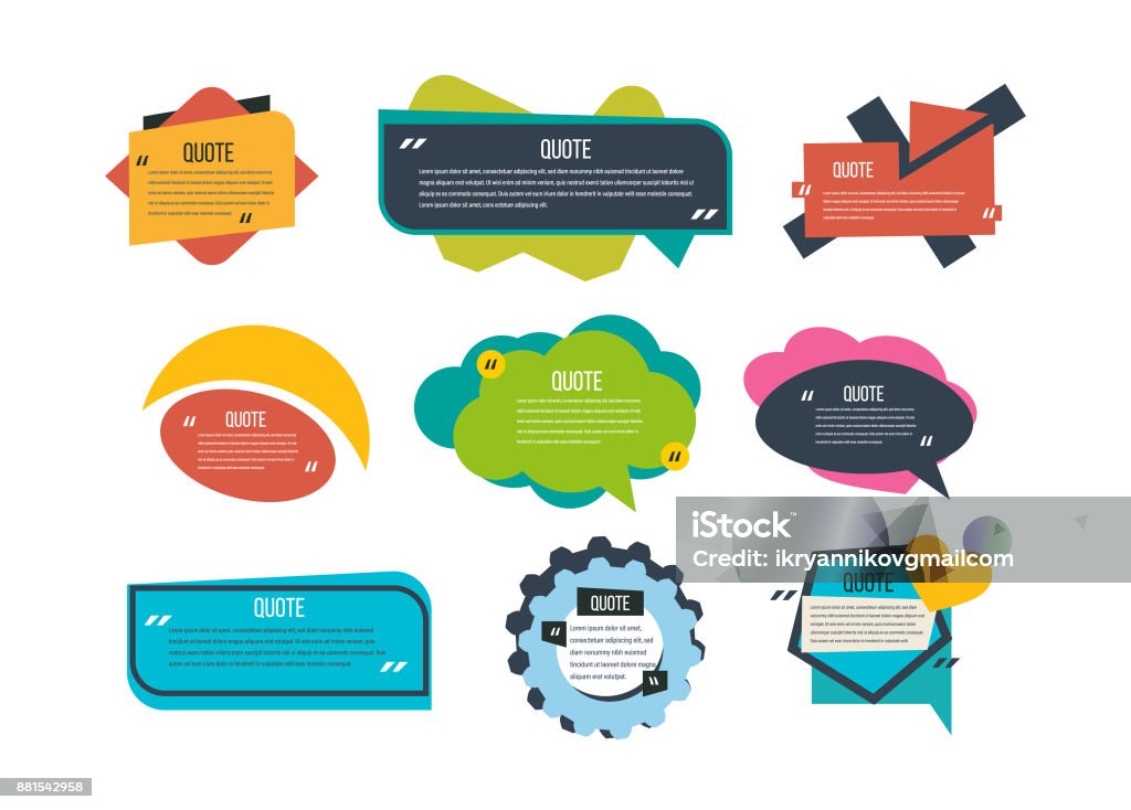 Set of multi-colored text templates quotes, various forms, information, text Set of multi-colored text templates quotes, various forms, blank templates, information, text, empty colorful speech bubbles, layout for printing, decorative forms quote, stroke. Vector illustration. Data stock vector