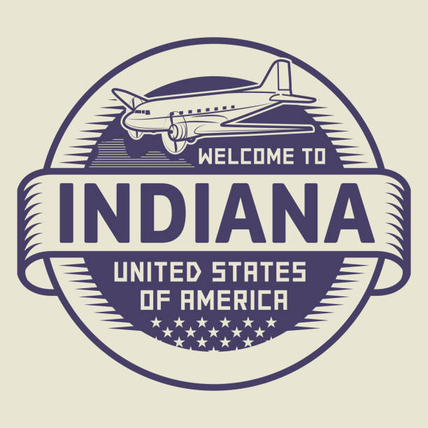 Stamp with text Welcome to Indiana, USA Stamp or tag with airplane and text Welcome to Indiana, United States of America, vector illustration seal of the state of indiana stock illustrations