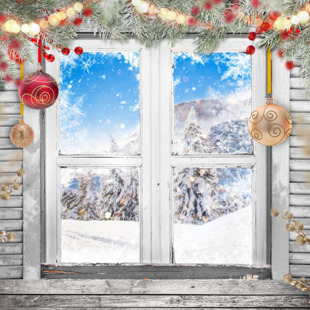 istock Christmas old white window with decorations 881552660