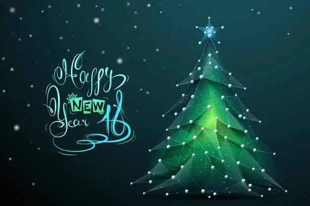 Vector illustration of Christmas tree low poly with lettering