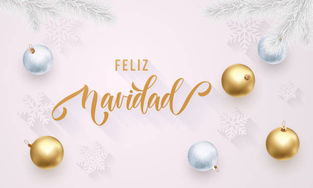 istock Feliz Navidad Spanish Merry Christmas golden decoration, hand drawn gold calligraphy font for greeting card white background. Vector Christmas or New Year holiday gold star shiny confetti decoration 881556080