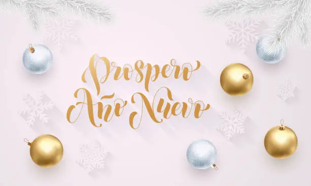 Vector illustration of Prospero Anno Nuevo Spanish New Year golden decoration, hand drawn gold calligraphy font for greeting card white background. Vector Christmas holiday gold star shiny confetti decoration