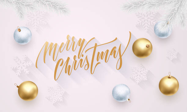istock Merry Christmas golden decoration, hand drawn gold calligraphy font for greeting card white background. Vector Christmas or New Year gold star shiny confetti for winter holiday premium decoration 881561870