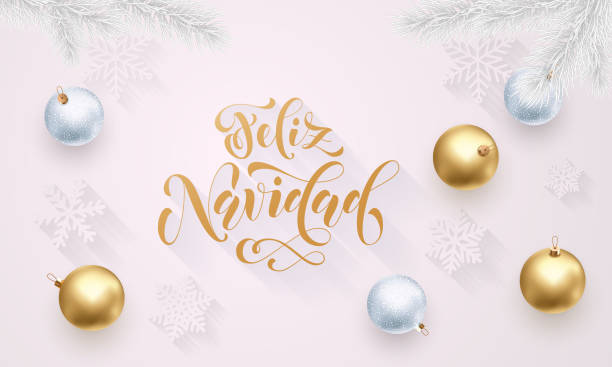 feliz navidad hiszpański wesołych świąt złota dekoracja, ręcznie rysowane kaligrafii złota czcionka na zaproszenie białe świąteczne tło. wektor boże narodzenie, nowy rok święto gwiazda błyszczące dekoracji konfetti - 7971 stock illustrations