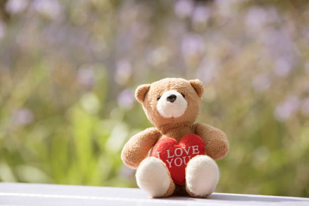 istock Brown bear and red heart with blurred floral floor. 881566324