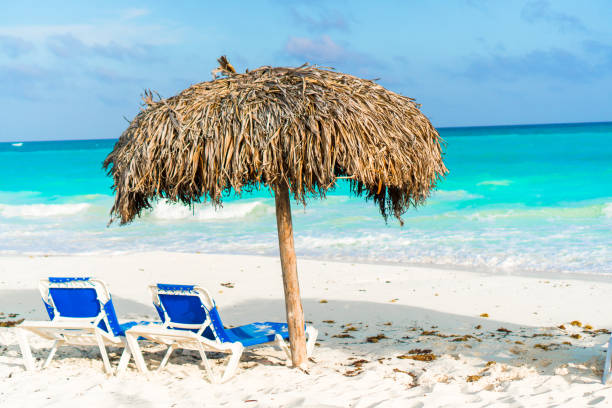 istock Beach sunbeds and umbrella on white beach 881571198