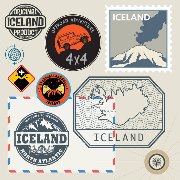 illustrazioni stock, clip art, cartoni animati e icone di tendenza di i francobolli da viaggio impostano il tema islanda - islande