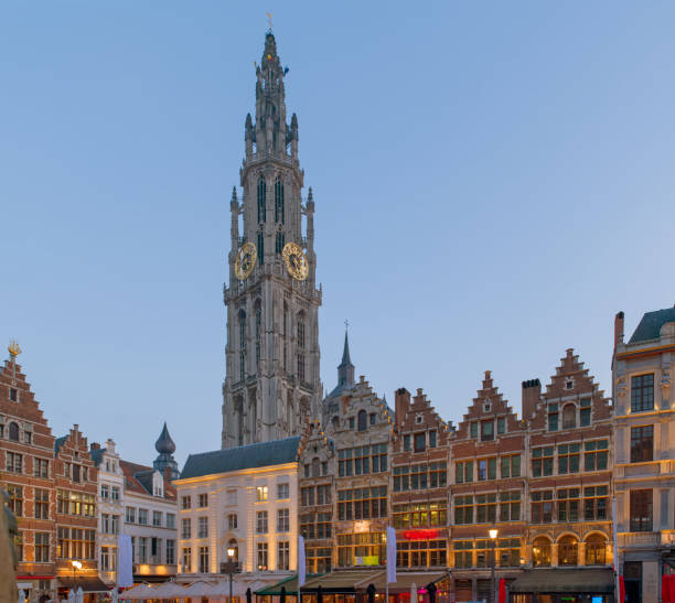 istock Illuminated Grote Markt with cathedral in Antwerp City, Belgium 881572610