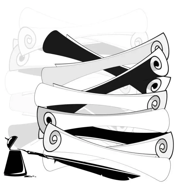 Vector illustration of abstract black and white scrolls and ink