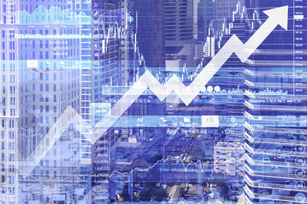 istock Real estate and construction cost rise up shown by graph on urban background.Big data of Economic grown up background. 881580108