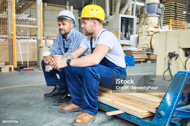 Construction Workers On Coffee Break Stock Photo - Download Image Now - Manufacturing Occupation, Taking A Break, Construction Worker
