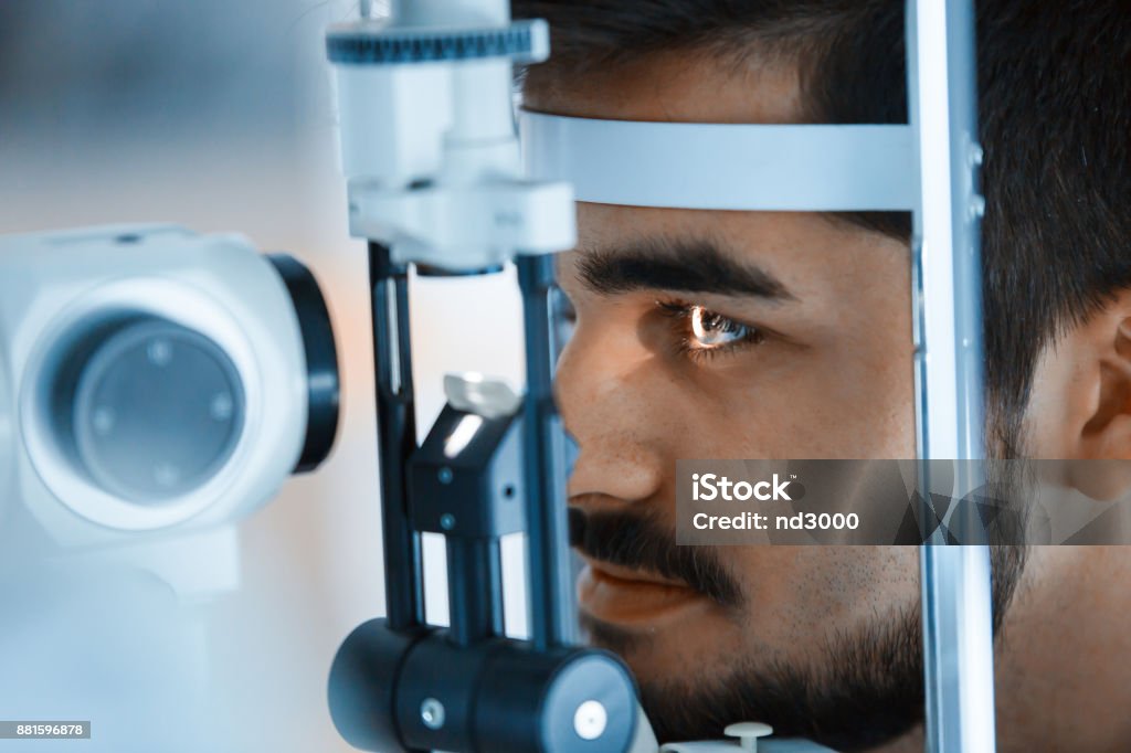 Ophthalmology concept. Patient eye vision examination in ophthalmological clinic Ophthalmology concept. Patient eye vision examination in eyesight ophthalmological clinic Medical Exam Stock Photo