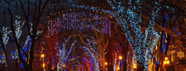 istock Christmas illumination on downtown street. Banner size 881607248